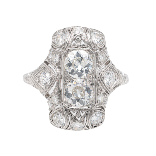 Antique Art Deco Old Mine Cut Diamond Vertical Platinum Dress Ring, c.1920's