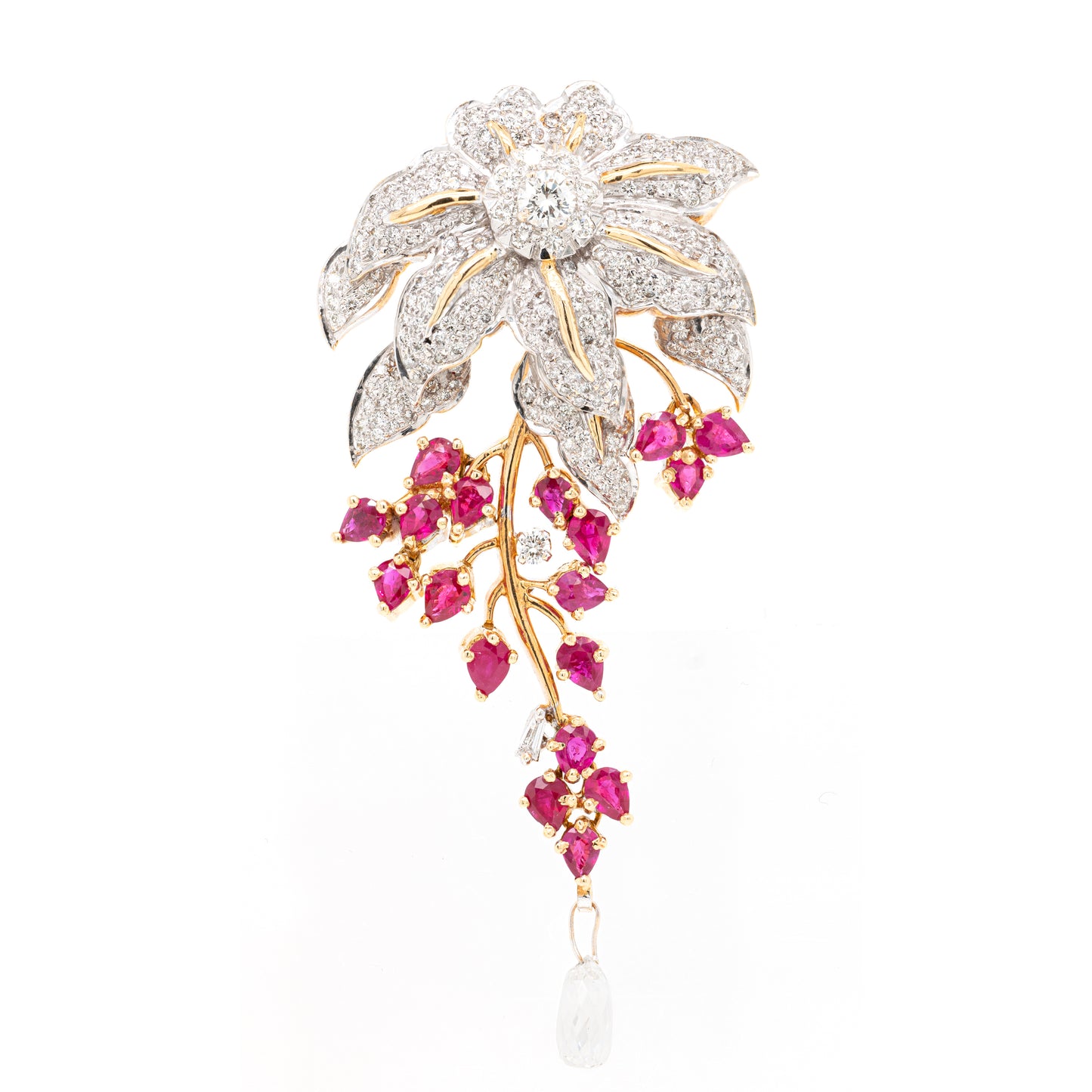 3.43ct Diamond and Ruby 18 Carat White & Yellow Gold Cascade Floral Pendant