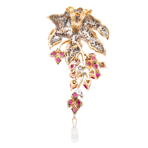 3.43ct Diamond and Ruby 18 Carat White & Yellow Gold Cascade Floral Pendant