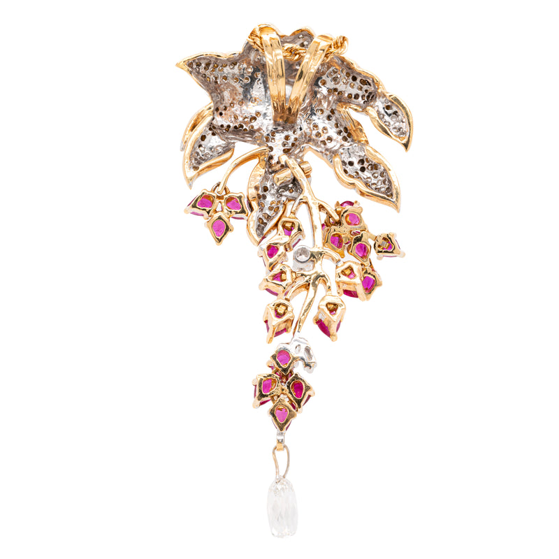 3.43ct Diamond and Ruby 18 Carat White & Yellow Gold Cascade Floral Pendant