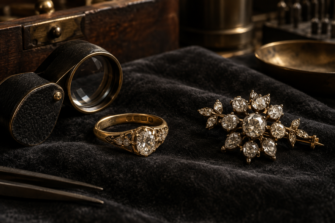 Antique gold ring and old-cut diamond brooch beside a jeweller’s loupe on dark velvet.