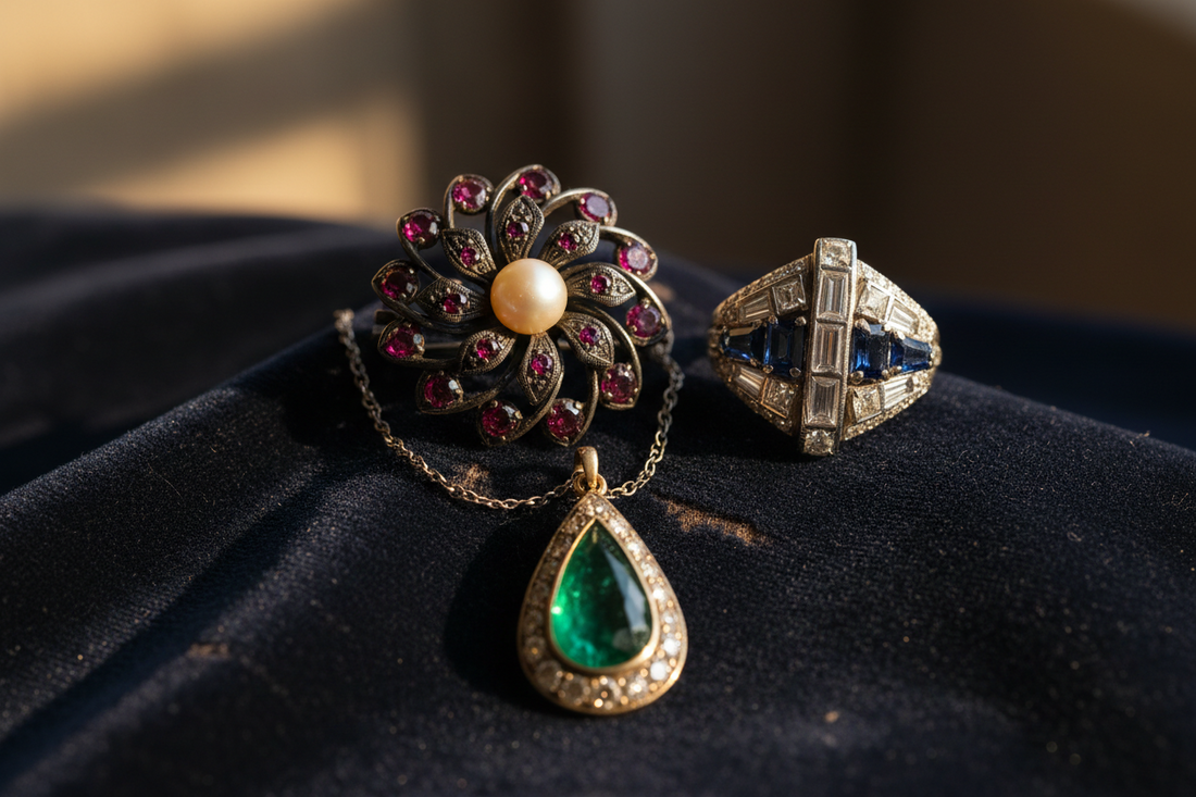 A collection of antique jewellery pieces including a Victorian brooch, Art Deco ring and Georgian pendant laid on dark velvet