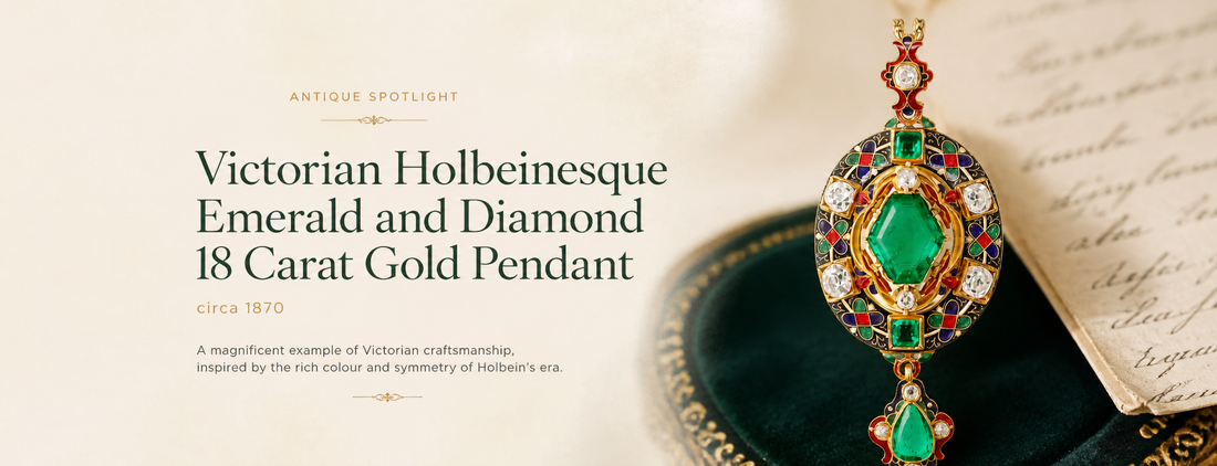 A Closer Look at One of Our Treasures: Victorian Holbeinesque Emerald and Diamond Pendant, Circa 1870