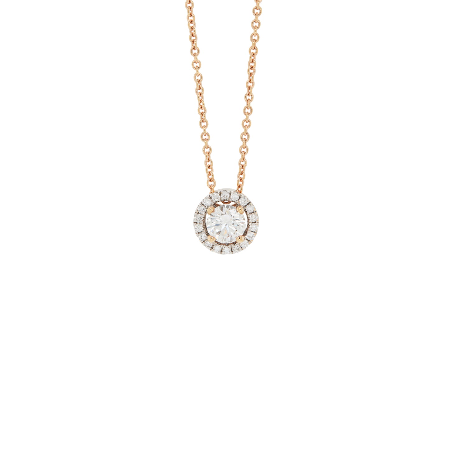 An 18 carat rose gold halo cluster pendant featuring a round brilliant cut diamond center stone with a halo of smaller round diamonds, suspended on a slender gold chain.