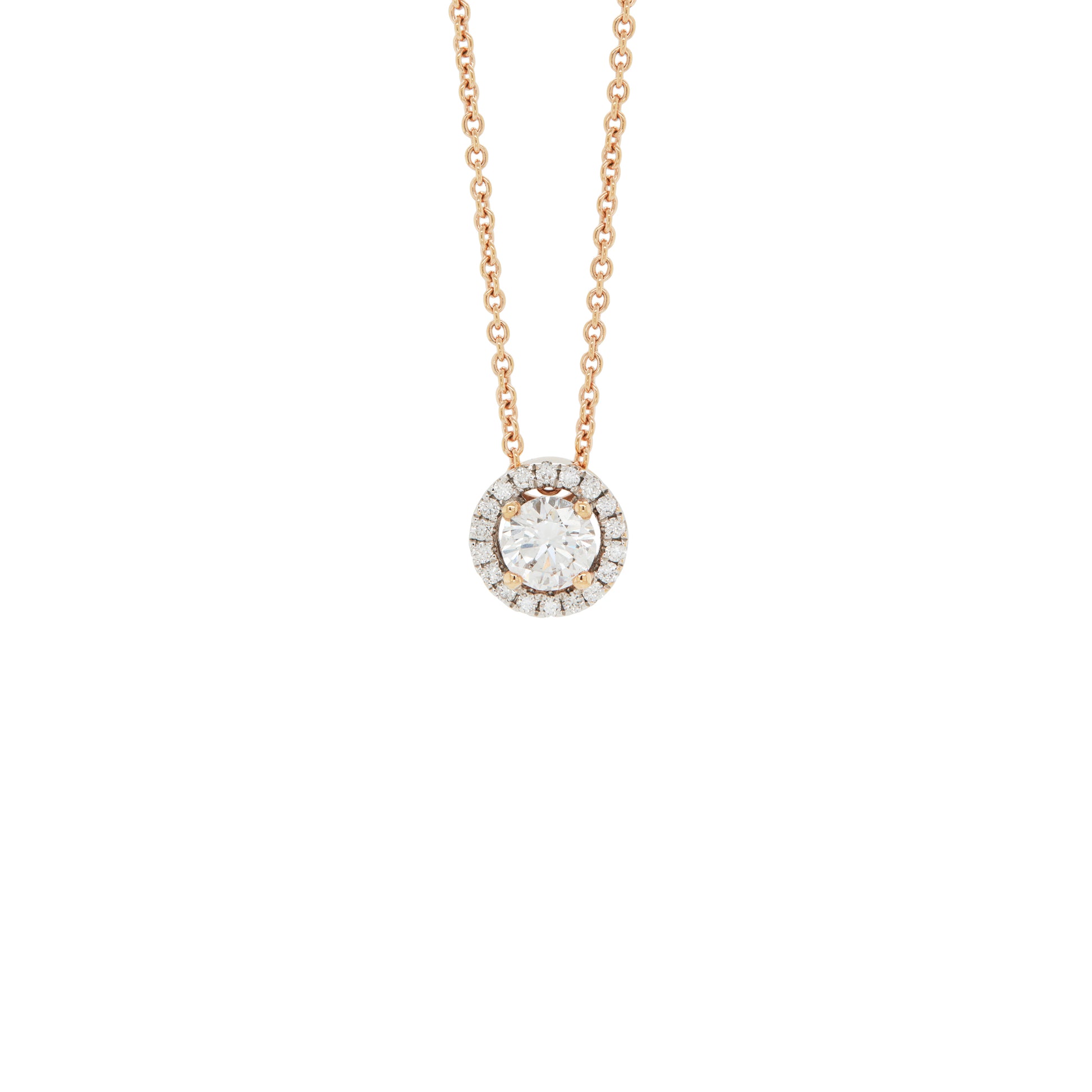 An 18 carat rose gold halo cluster pendant featuring a round brilliant cut diamond center stone with a halo of smaller round diamonds, suspended on a slender gold chain.