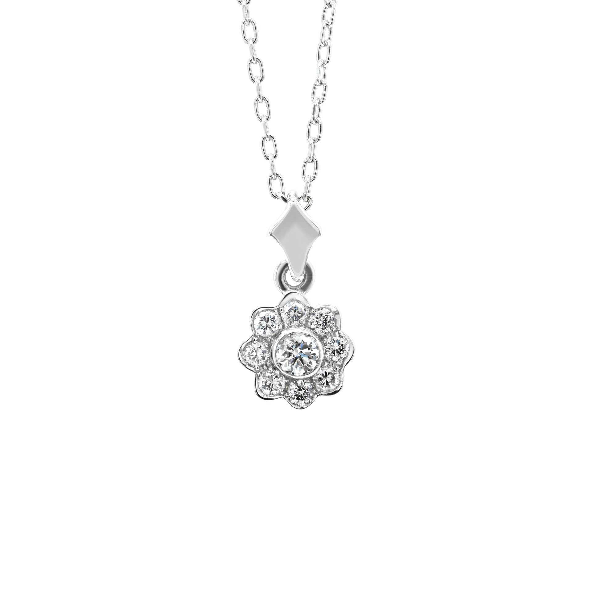 0.45 carat diamond flower cluster pendant crafted in 18 carat white gold, round brilliant cut diamonds arranged in a floral design, suspended from a delicate white gold chain.