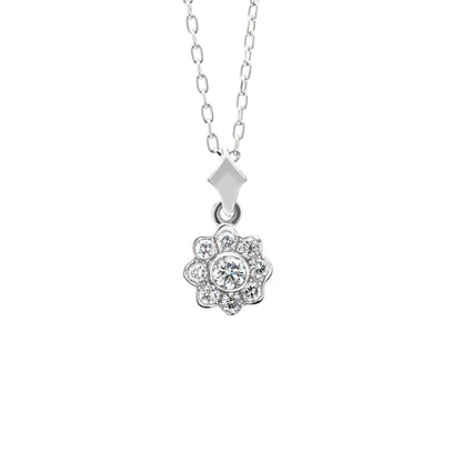 0.45 carat diamond flower cluster pendant crafted in 18 carat white gold, round brilliant cut diamonds arranged in a floral design, suspended from a delicate white gold chain.