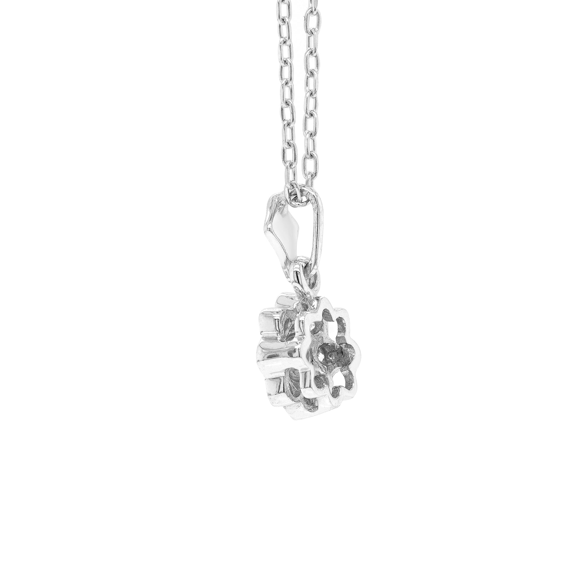 0.45 carat diamond flower cluster pendant crafted in 18 carat white gold, round brilliant cut diamonds arranged in a floral design, suspended from a delicate white gold chain. side