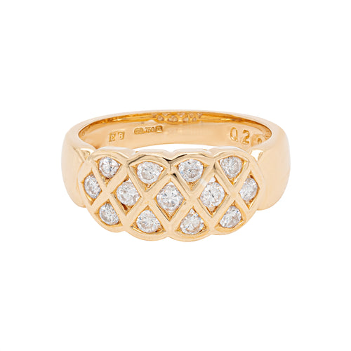 An 18 carat yellow gold lattice band ring with round brilliant cut diamonds.