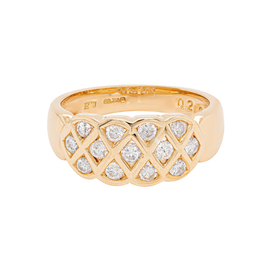 An 18 carat yellow gold lattice band ring with round brilliant cut diamonds.
