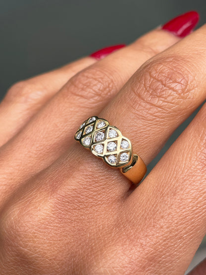 0.49 Carat Diamond 18 Carat Yellow Gold Lattice Band Ring side view on hand