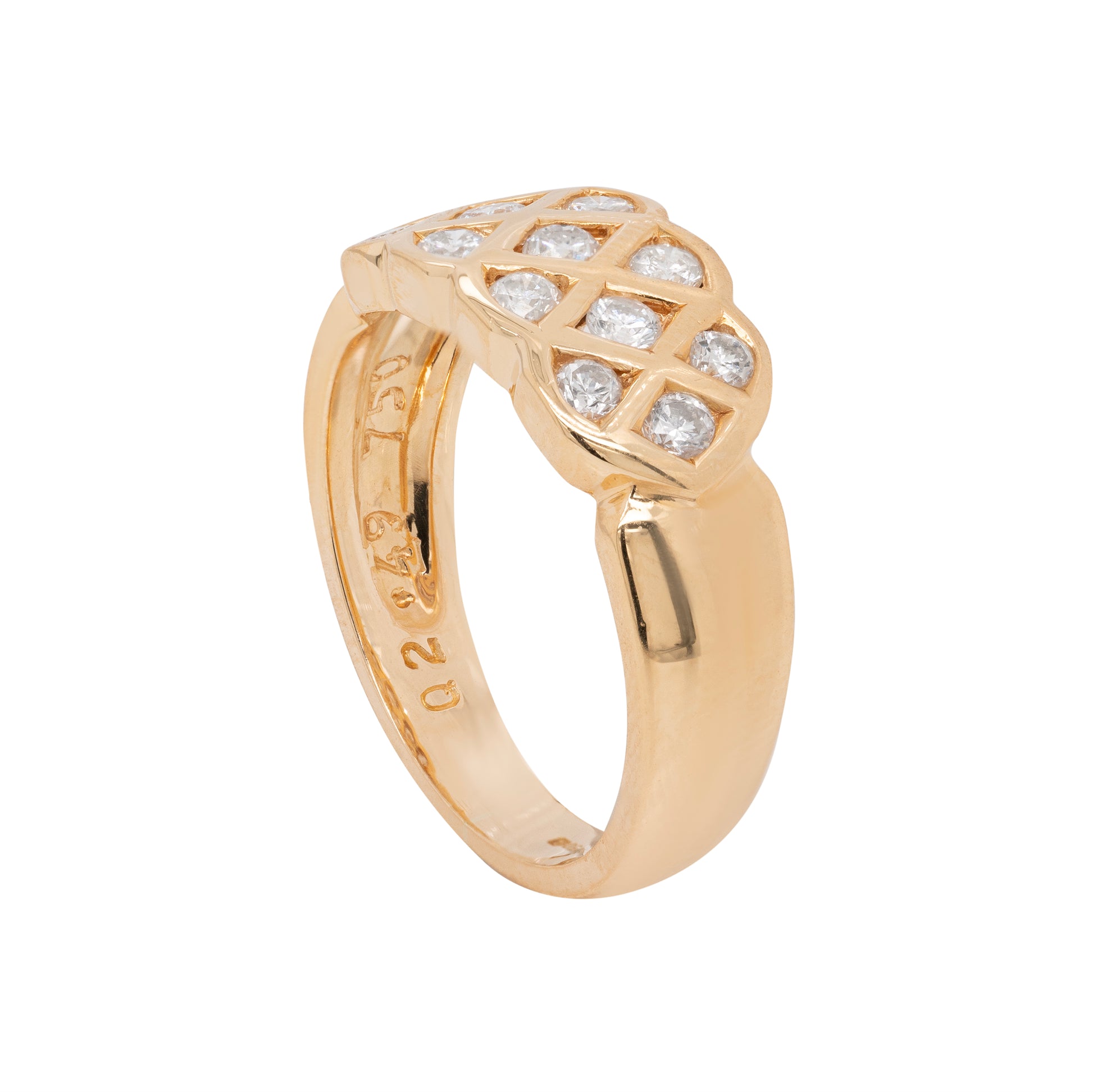 An 18 carat yellow gold lattice band ring with round brilliant cut diamonds side view