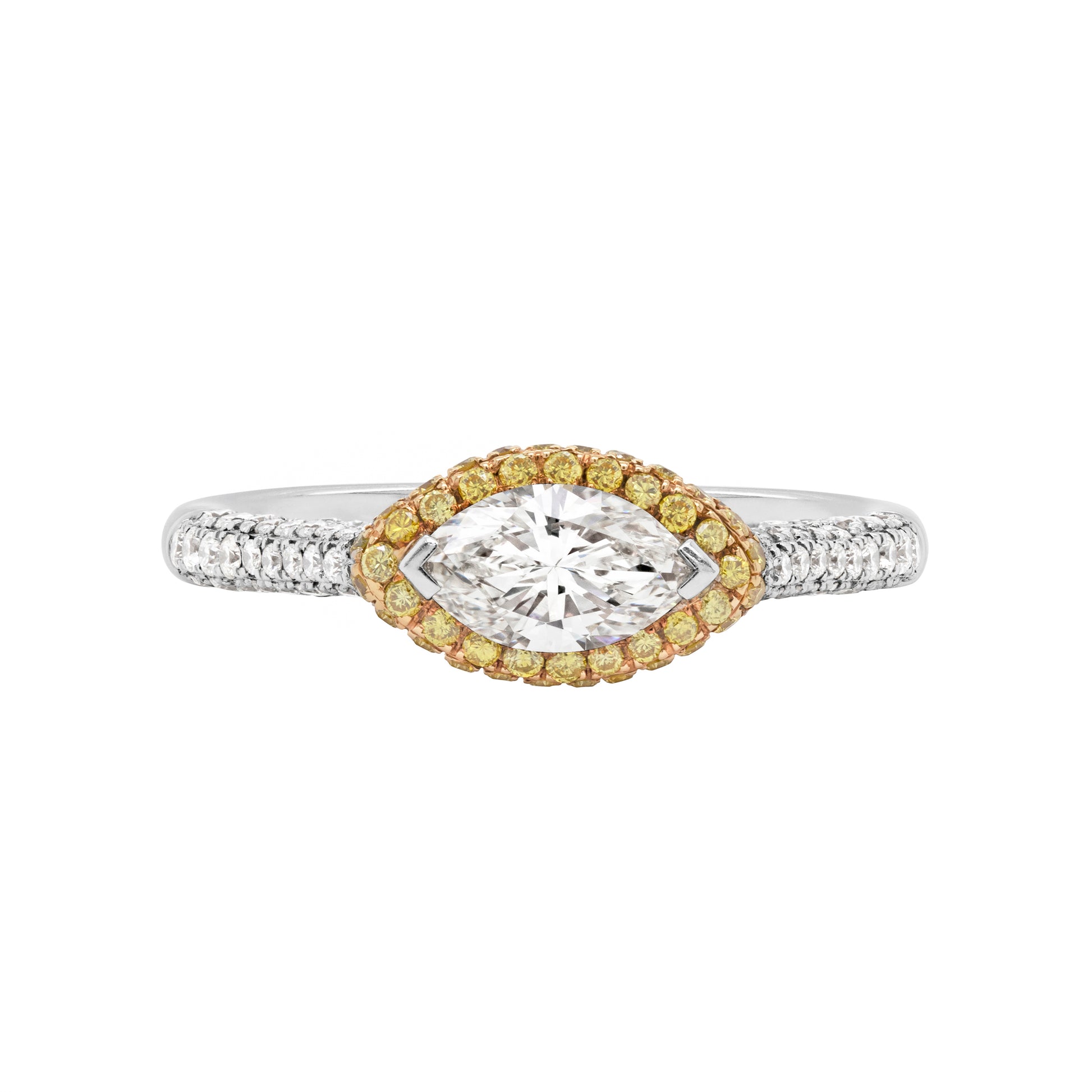 A marquise diamond engagement ring with a halo of round yellow diamonds set in rose gold, with smaller white round brilliant cut diamonds set in a contrasting band of platinum.