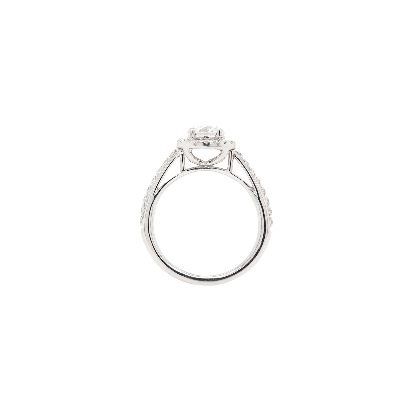 top view of 0.70ct E VS1 diamond halo cluster engagement ring in platinum with round brilliant cut centre stone, halo and diamond shoulders