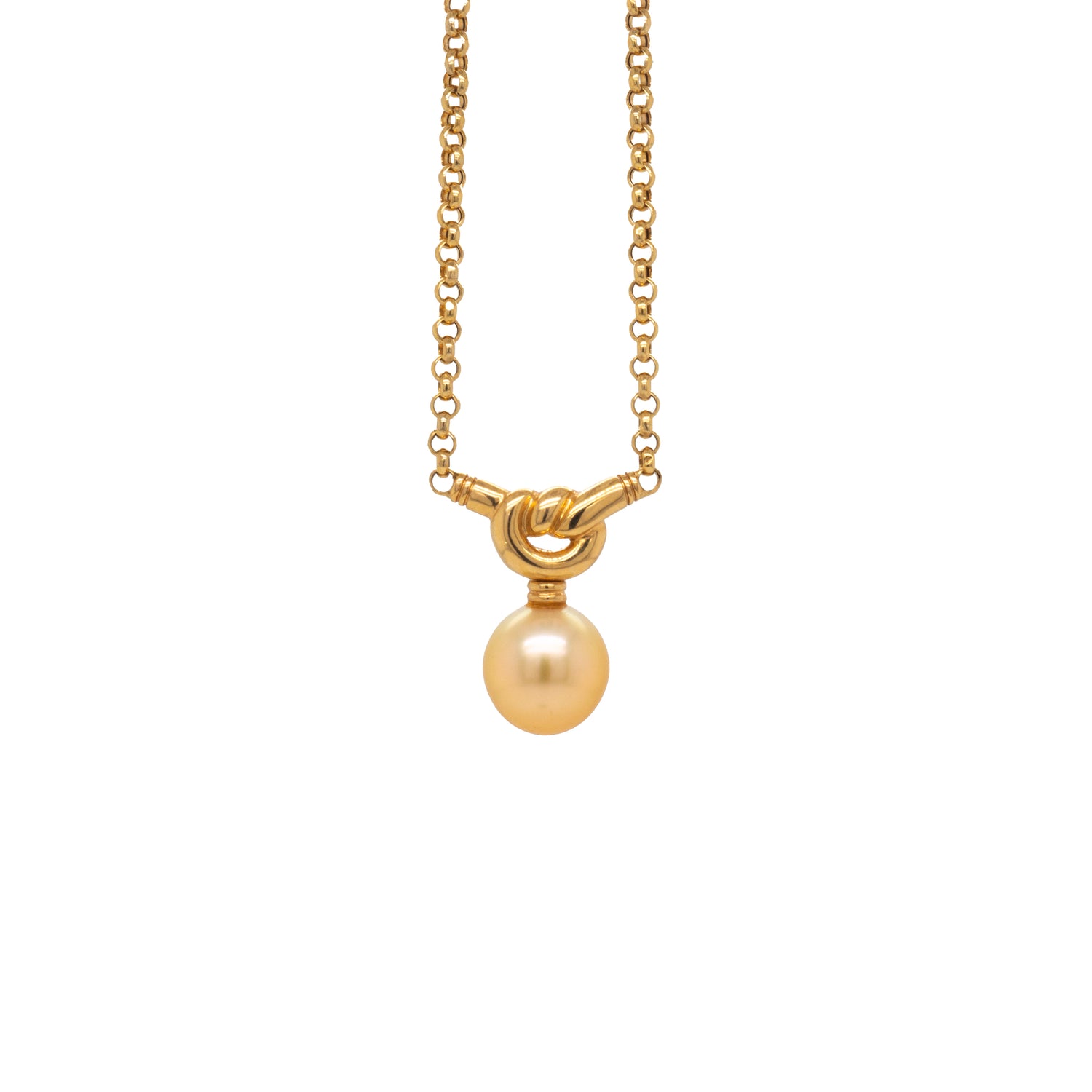 Golden Cultured Pearl and 18 Carat Yellow Gold Love Knot Pendant Necklace