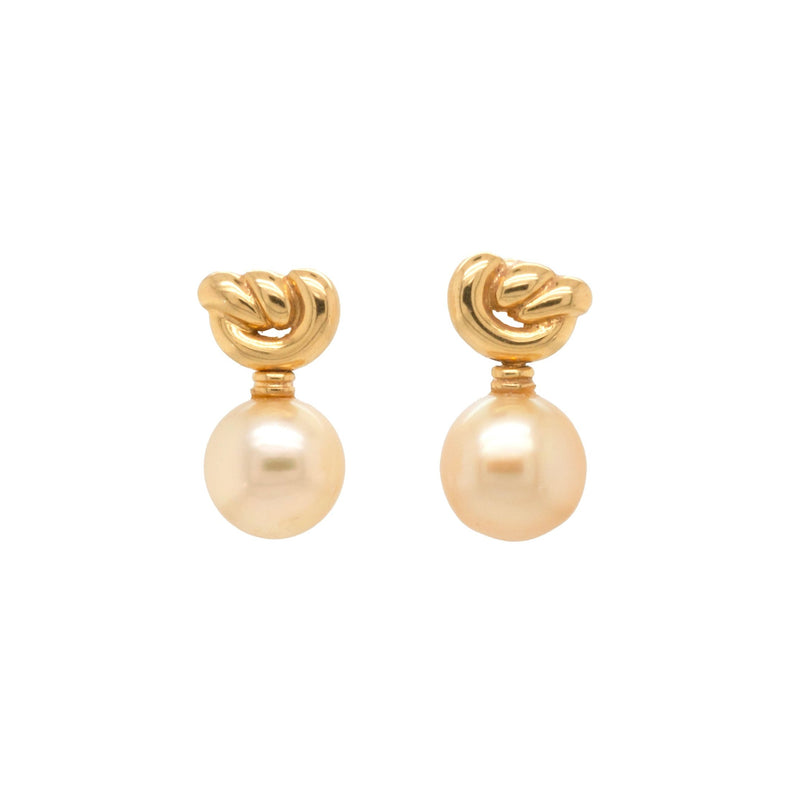 Golden Cultured Pearl and 18 Carat Yellow Gold Love Knot Dangle Earrings