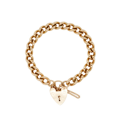 Vintage style 9 Carat Gold Curb Link Chain Bracelet with Heart Padlock