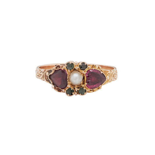 Antique  Victorian Garnet and Seed Pearl 15ct Yellow Gold Engraved Dress Ring