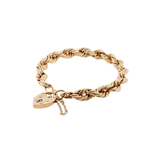 Vintage 9 Carat Yellow Gold Fancy Twist Link Bracelet with Heart Padlock, 1977
