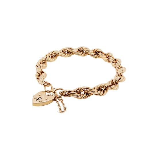 Vintage 9 Carat Yellow Gold Fancy Twist Link Bracelet with Heart Padlock, 1977