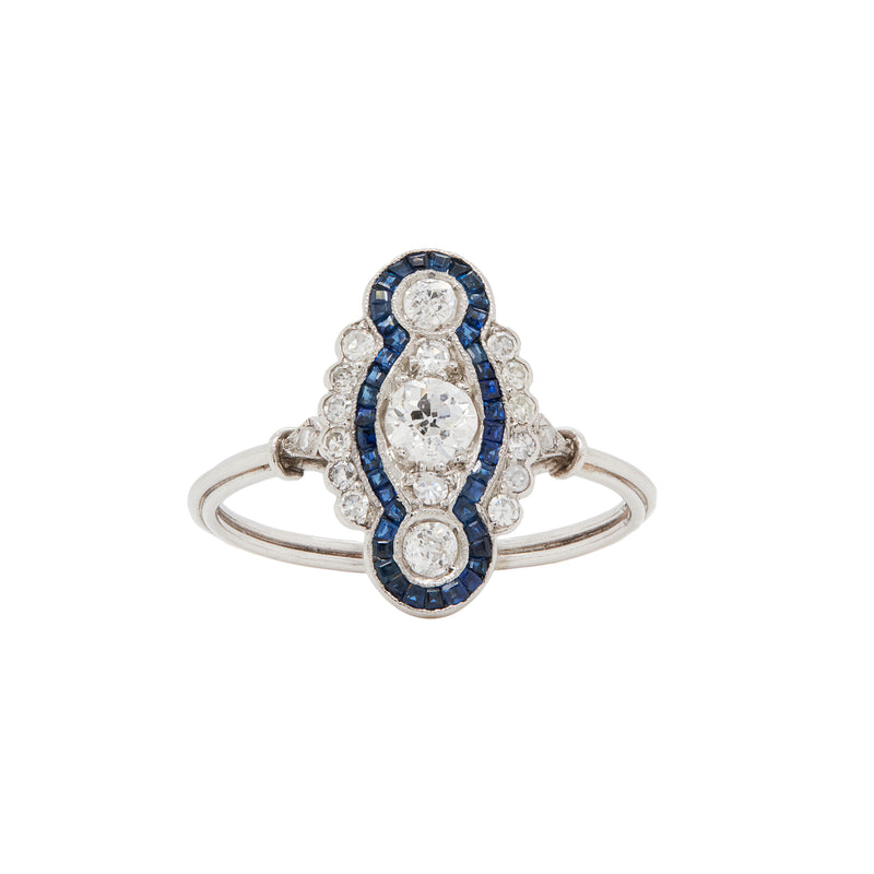 Sapphire and Diamond Art Deco Style Navette Platinum Dress Ring