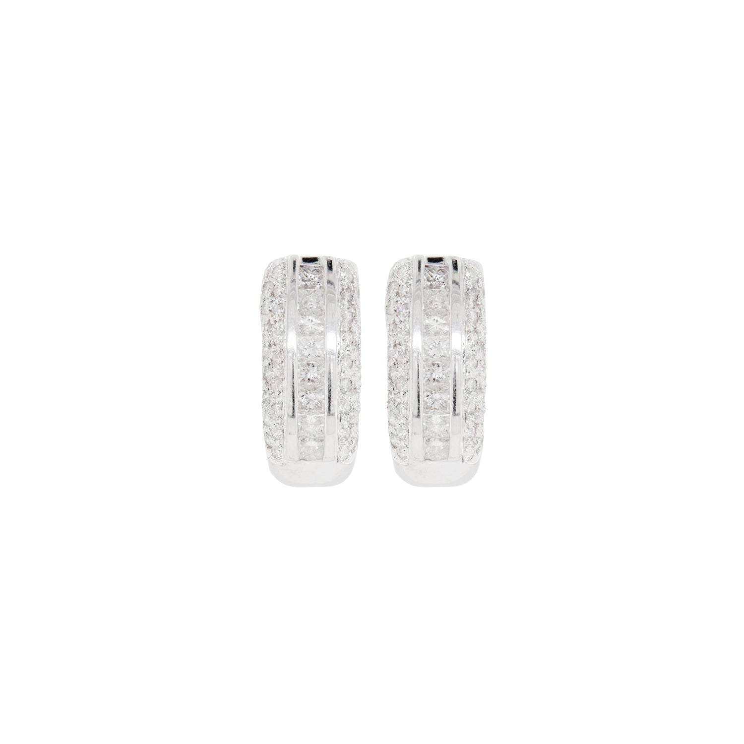 Diamond and 18 Carat White Gold Three-Row Lever-Back Half Hoop Earrings