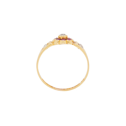 side view Antique Ruby & Old Cut Diamond Flower Ring in 18K Yellow Gold, Chester, 1884