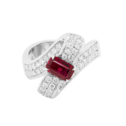 18ct white gold ribbon ring with a 1.04ct emerald cut ruby and 1.30ct diamonds.