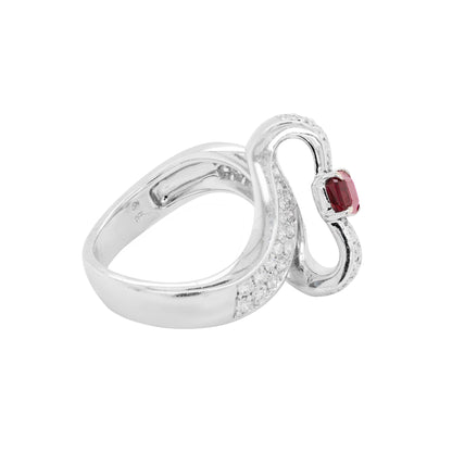 18ct white gold ribbon ring with a 1.04ct emerald cut ruby and 1.30ct diamonds.