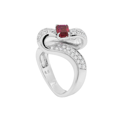 18ct white gold ribbon ring with a 1.04ct emerald cut ruby and 1.30ct diamonds.
