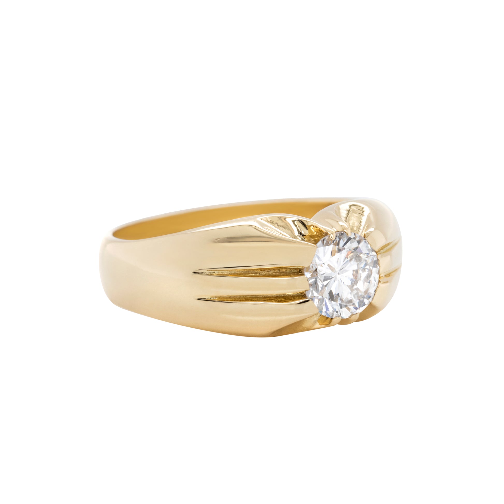 1.07ct round brilliant cut diamond gents ring in 18ct yellow gold with 10 claw open back setting