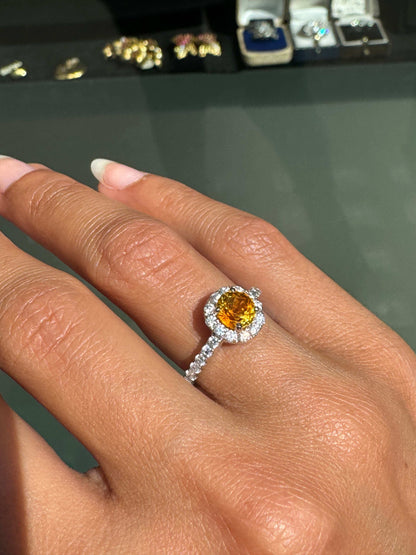 1.17ct Orange Sapphire and Diamond Halo 18K White Gold Cluster Engagement Ring