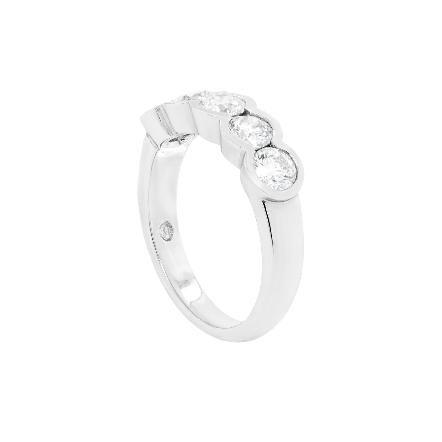 1.20ct diamond half eternity wedding band in platinum with five round brilliant cut rubover set diamonds