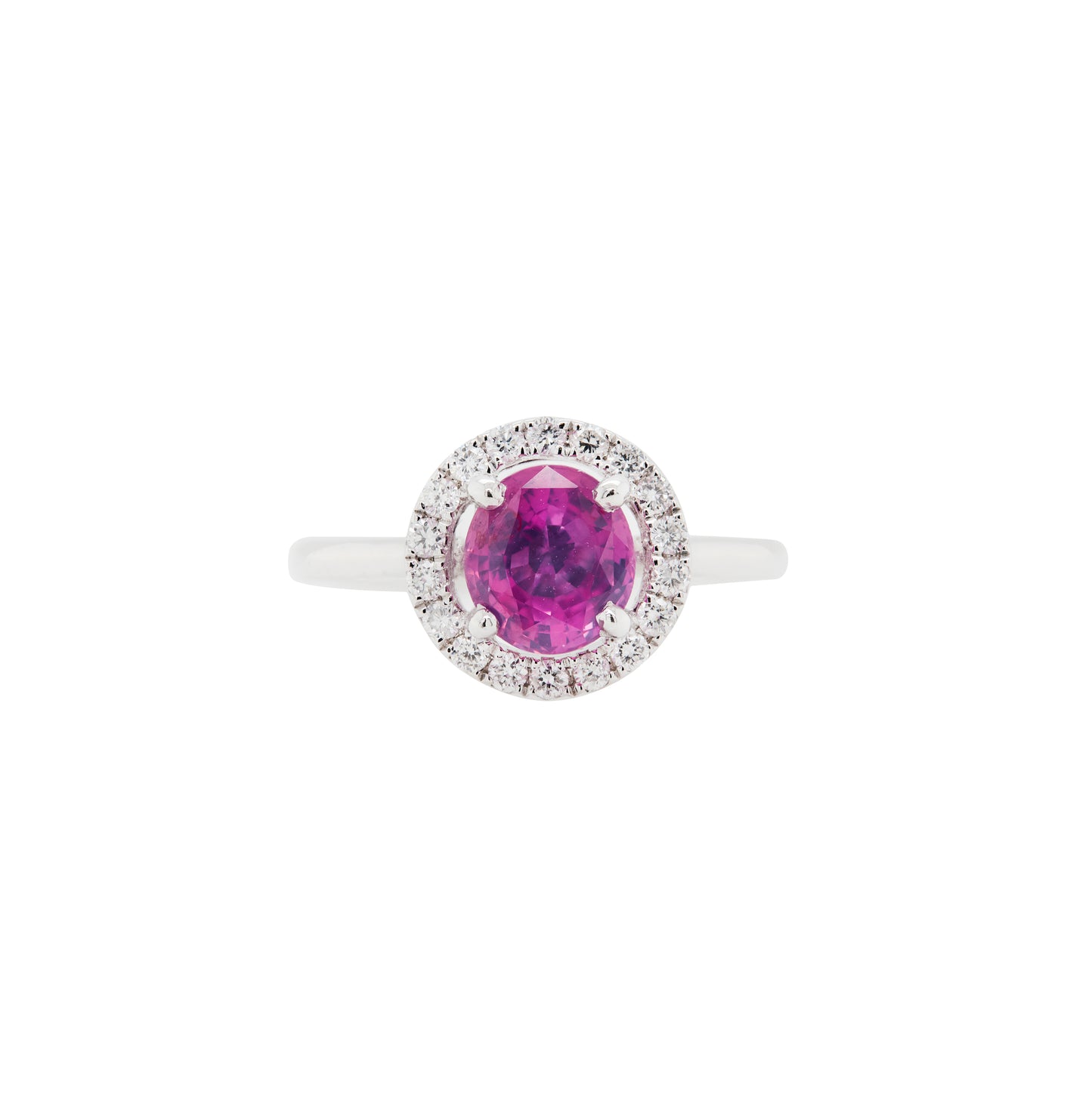 Ring with a purple gemstone and diamond halo on a white background