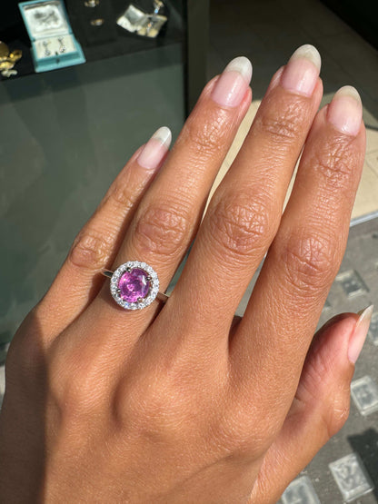 1.54ct Pink Sapphire and Diamond Halo 18K White Gold Cluster Engagement Ring