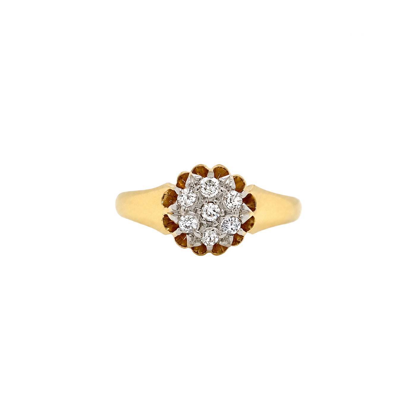 Antique Old Cut Diamond 18 Carat Yellow Gold and Platinum Cluster Ring