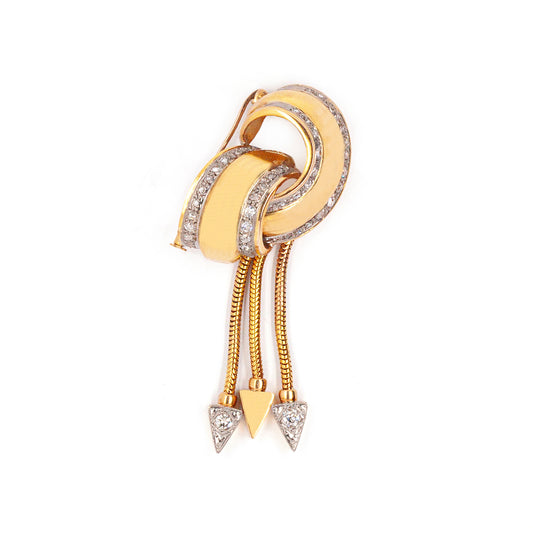 Diamond & 18 Carat Gold Knot Ribbon Brooch with Dangle Snake Chain Fringe Drops