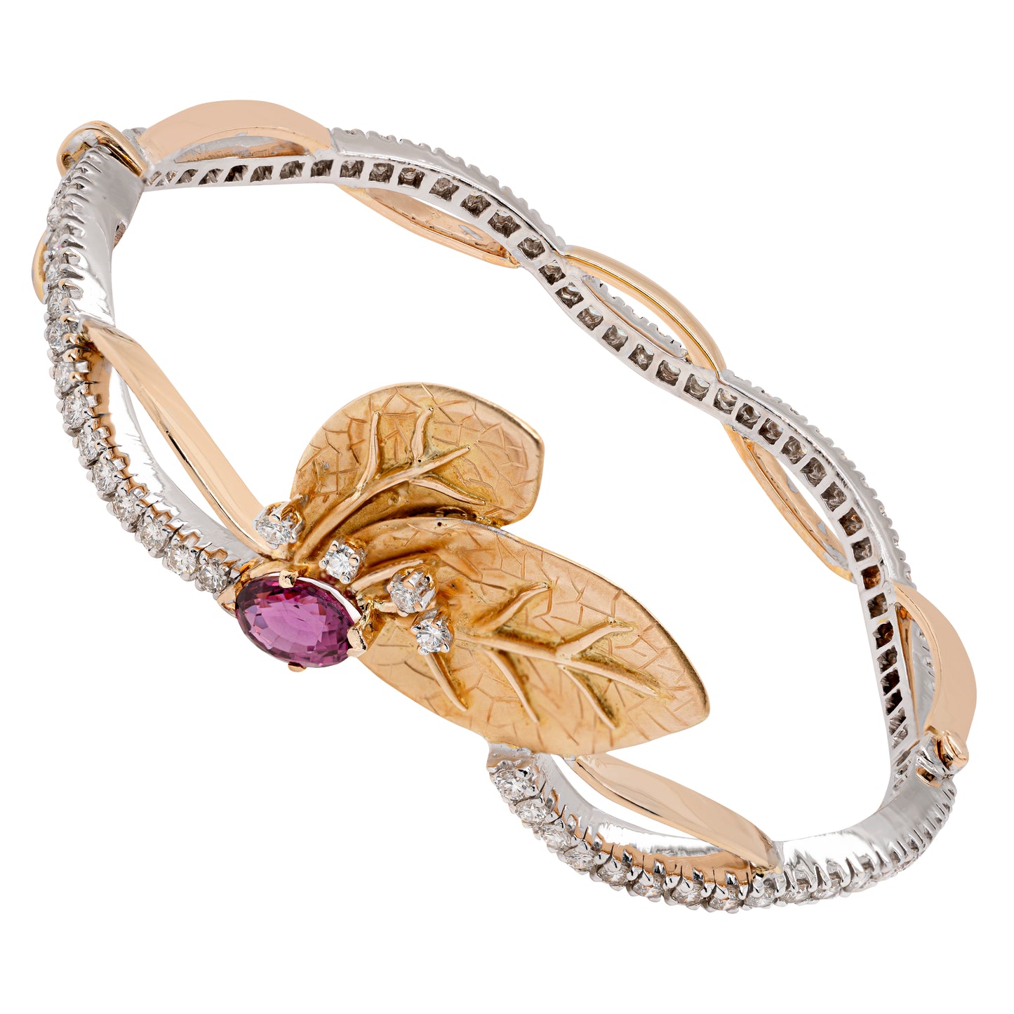 1.66 Carat Pink Tourmaline and Diamond 18 Carat White & Yellow Gold Leaf Bangle