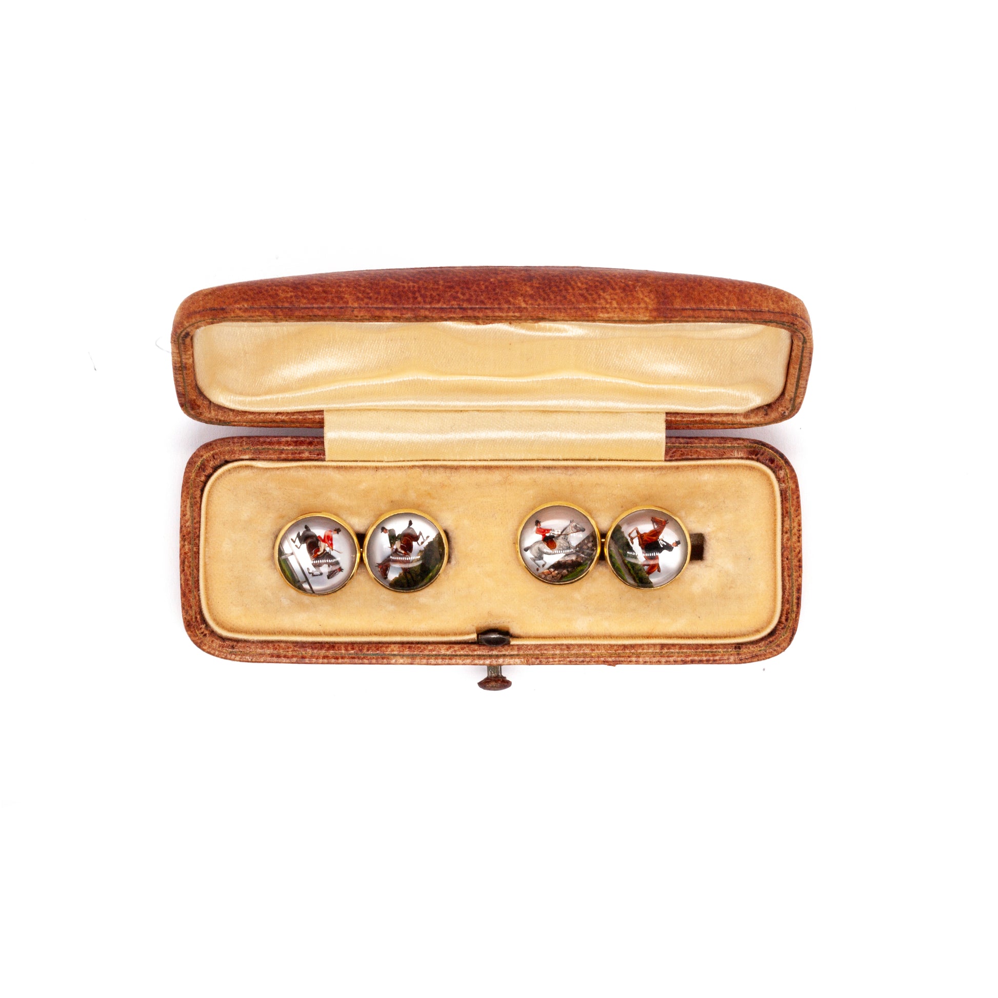 Antique Essex Crystal Horse Riding Scene 18ct Gold Round Cufflinks in case