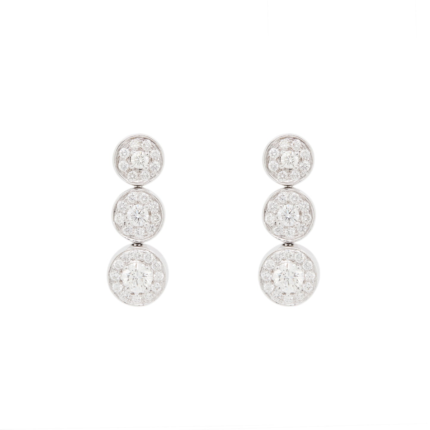 Diamond Graduated Triple Halo Cluster Drop Earrings in 18 Carat White Gold