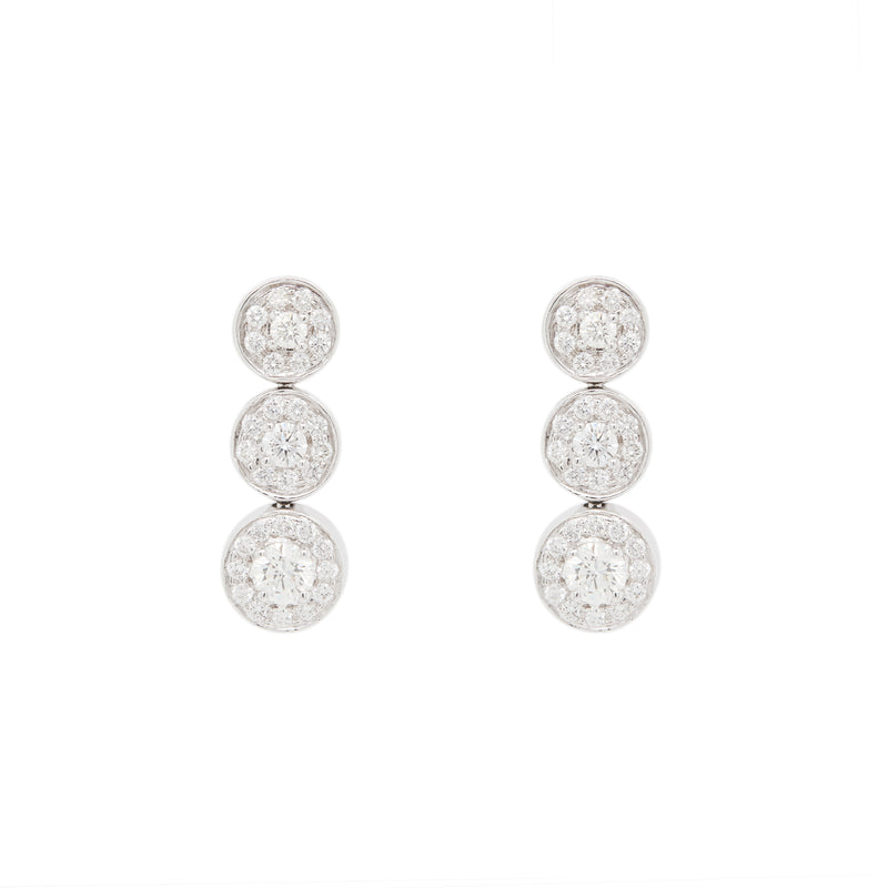 Diamond Graduated Triple Halo Cluster Drop Earrings in 18 Carat White Gold