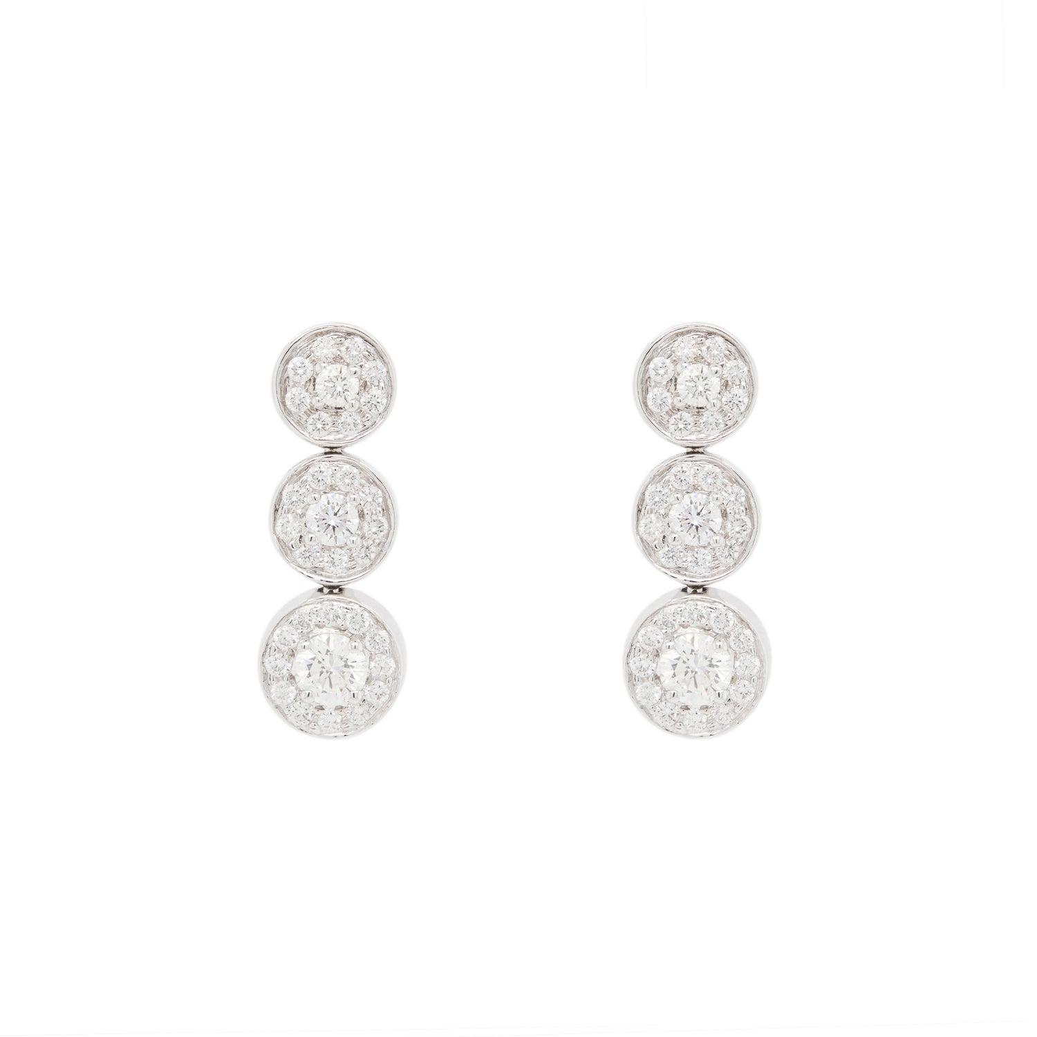 Diamond Graduated Triple Halo Cluster Drop Earrings in 18 Carat White Gold