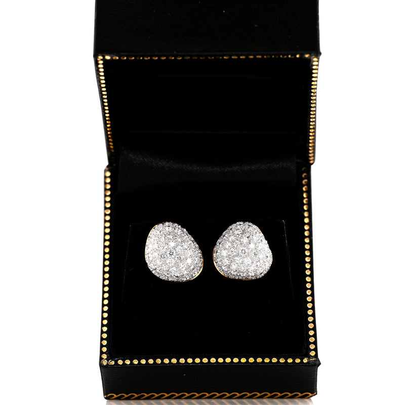 Asymmetrical stud earrings in 18ct white and yellow gold with 2.10ct round brilliant cut pavé set diamonds in box