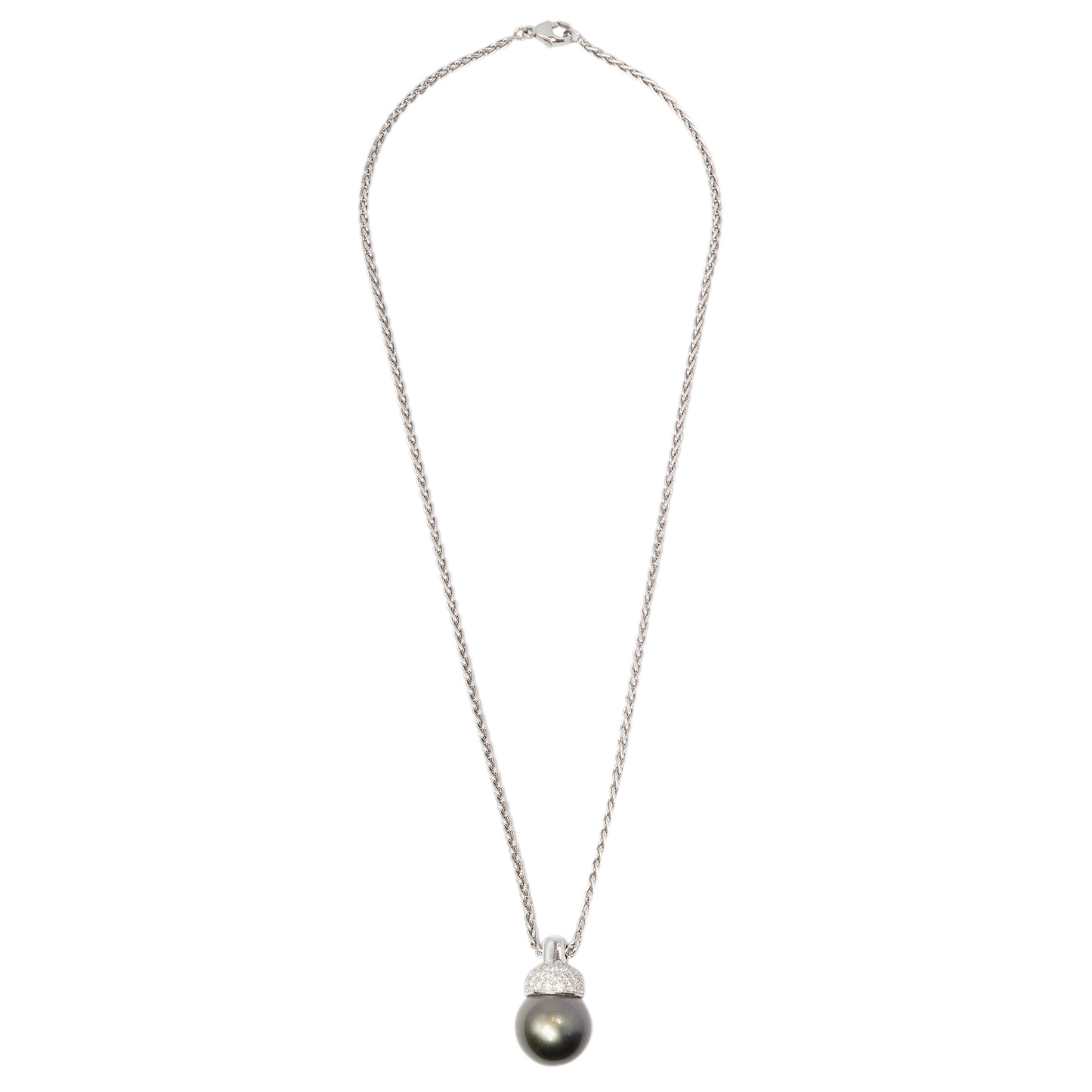 Black Tahitian Pearl and Diamond 18 Carat White Gold Pendant and Wheat Chain