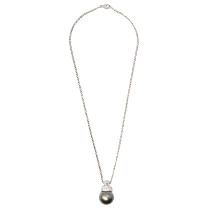 Black Tahitian Pearl and Diamond 18 Carat White Gold Pendant and Wheat Chain