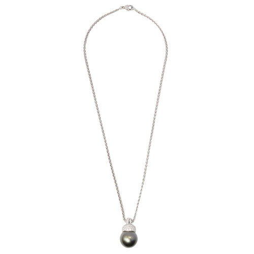 Black Tahitian Pearl and Diamond 18 Carat White Gold Pendant and Wheat Chain