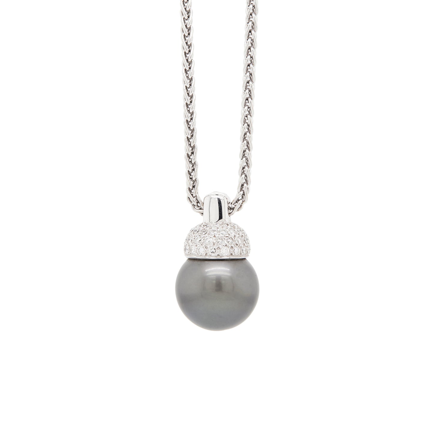 Black Tahitian Pearl and Diamond 18 Carat White Gold Pendant and Wheat Chain