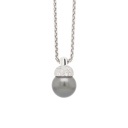 Black Tahitian Pearl and Diamond 18 Carat White Gold Pendant and Wheat Chain
