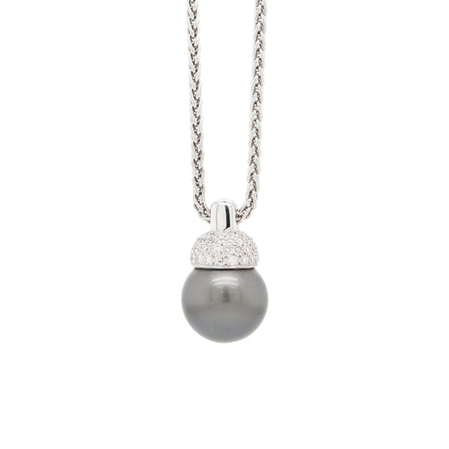 Black Tahitian Pearl and Diamond 18 Carat White Gold Pendant and Wheat Chain