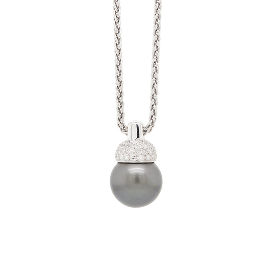 Black Tahitian Pearl and Diamond 18 Carat White Gold Pendant and Wheat Chain